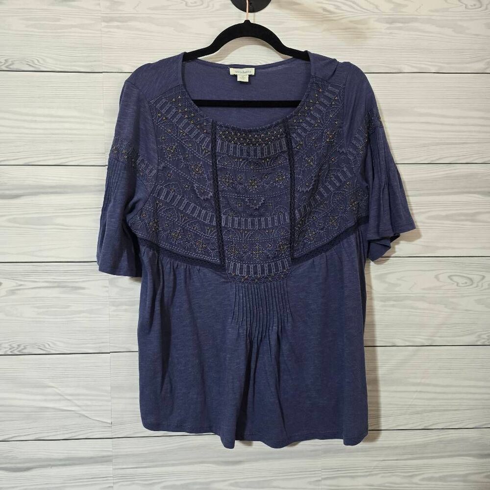 Sundance Blue Pintuck Beaded Embroidered Top Medium Boho Indie Western Mature